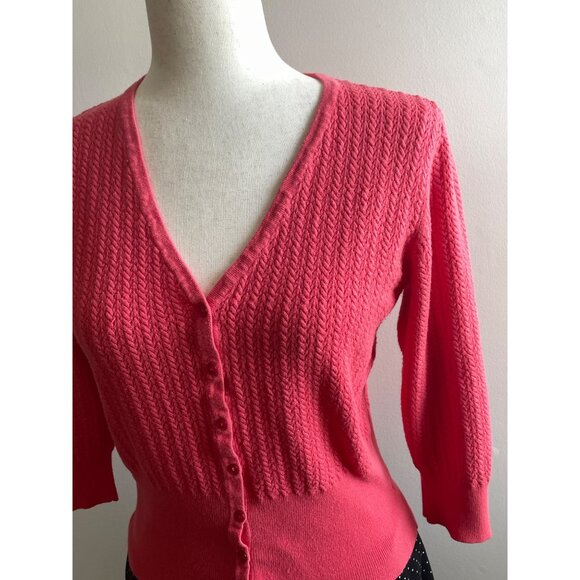 George V-Neck  Cardigan Sweater Womens M Coral 3/4 Sleeve Button Up Coquette Y2K - Picture 2 of 6